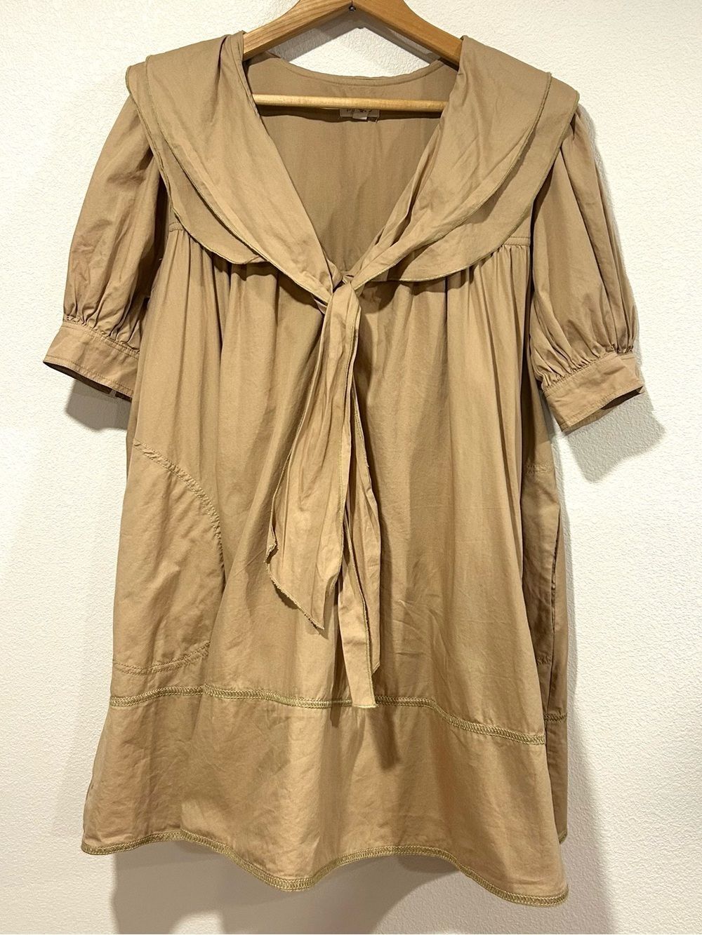 Anthropologie Pilcro Beige Babydoll Tunic Dress Bow Tie Sailor Collar Size S - Picture 4 of 11